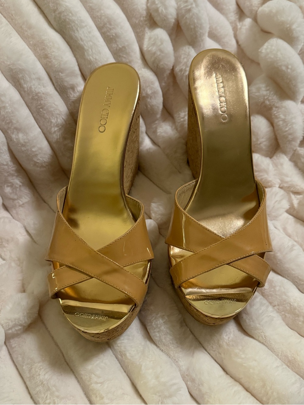 Jimmy Choo Metallic Gold Leather Cork Wedge Mules